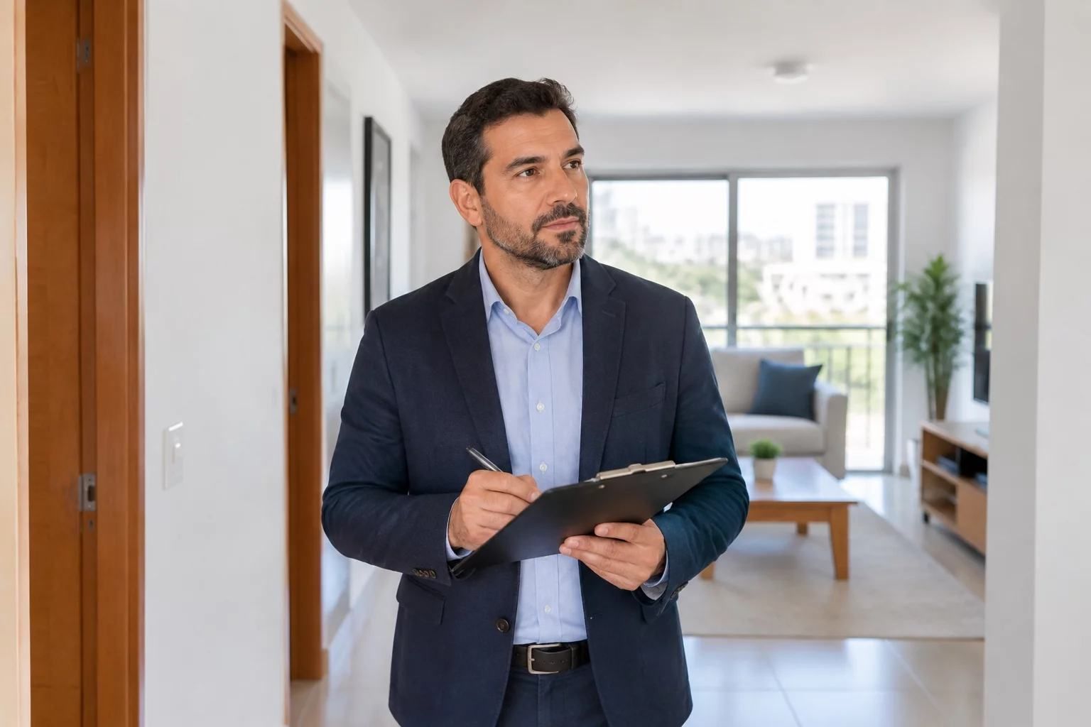 Corretora estuda a planta de uma casa no escritório
